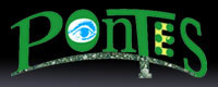 Pontes Logo Description: The green letters in the word "PONTES" are displayed on a black background; the letter "O" is represented by an eye, while the letter "E" consists of a Braille six-dot-cell and five yellow dashes which connect the dots.